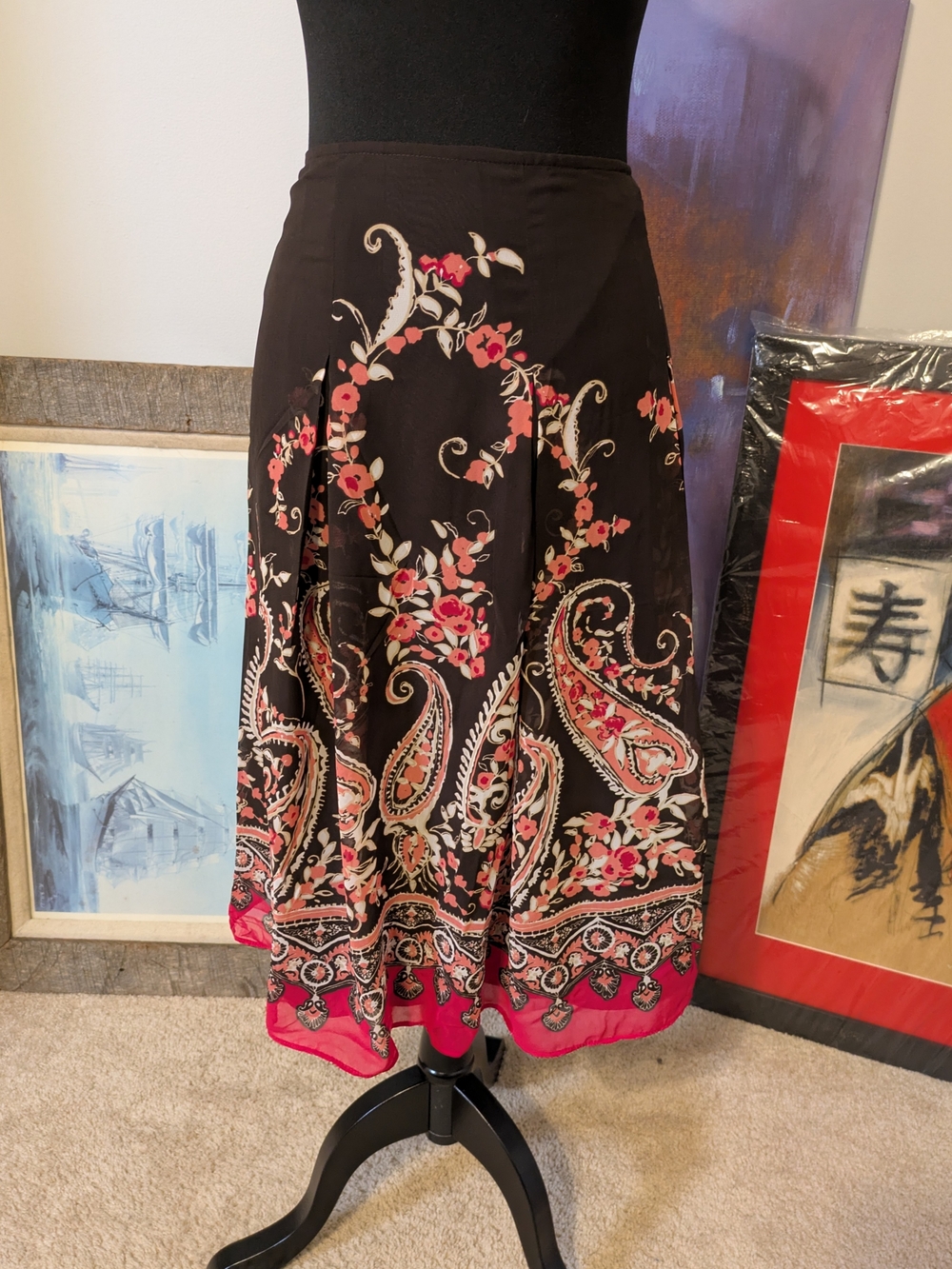 NWT East 5th Brown & Pink Floral Paisley Midi Skirt Lightweight Pleats Size 14